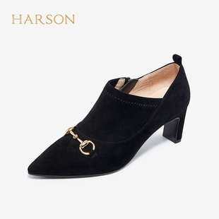 哈森冬季单靴粗跟尖头及踝靴经典时尚高跟单鞋女气质时尚 HL16511