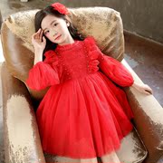 春秋冬季女童装大红色，公主裙儿童蕾丝连衣裙演出礼服蓬蓬白纱裙子