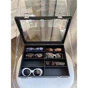 高级透明玻璃盖眼镜收纳盒黑色皮质绒布多格大容量太阳墨镜展示架