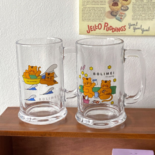 韩国设计师款猫咪虎饮料杯，大容量玻璃杯可爱水杯，奶茶啤酒卡通杯子
