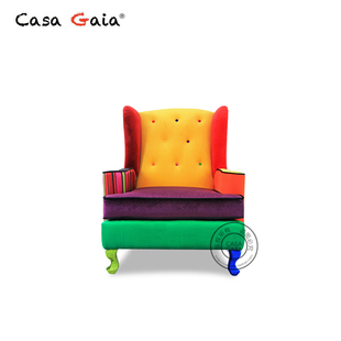 gaia盖雅定制设计师款欧式布艺老虎，椅实木腿美式撞色复古单人沙发