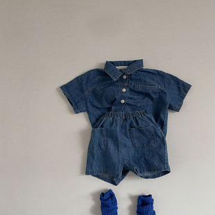 韩版ins婴幼儿男女宝宝短袖牛仔衬衫短裤套装夏季时尚洋气两件套