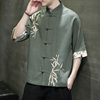 夏季中国风亚麻衬衫男短袖，衬衣中式改良汉服，唐装刺绣棉麻半袖上衣