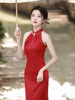 新中式国风红色改良旗袍，2023敬酒服新娘，订婚礼服无袖连衣裙