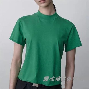 女士外贸tr绿色白色黑色，红色简约圆领，舒适卷边纯色夏季短袖t恤衫