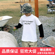 日系童装秋装假两件上衣儿童纯棉长袖T恤拼接卡通印花打底衫