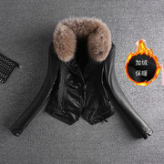 2021冬韩版真貉子毛领，pu机车皮衣短款修身加绒加厚棉衣外套女