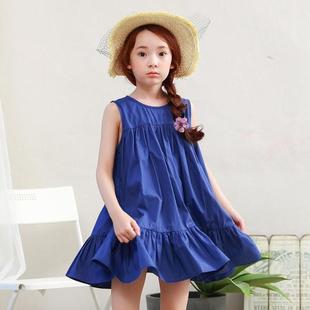 纯色蓝色夏季夏装童装韩版女童，连衣裙无袖中大童宽松版童裙