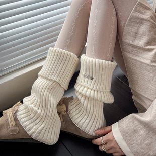 jk米白色袜套女秋冬加厚保暖咖色腿套羊毛中筒堆堆袜烟灰色小腿袜