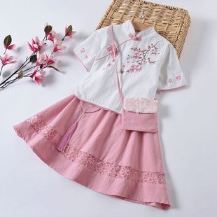 小童汉服女童古装超仙夏装儿童，古风连衣裙中国风宝宝短袖棉麻套装