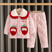 保暖法兰绒夹棉厚睡衣女童冬季睡衣 韩版儿童三层夹棉家居服套装