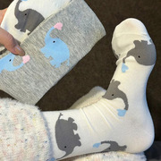 可爱卡通袜子女春秋薄款纯棉大象中筒袜学生甜美白色夏季长筒袜