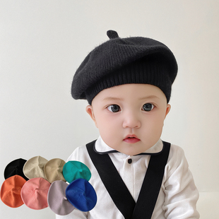 婴儿帽子春秋薄款宝宝，贝雷帽男女儿童毛线针织帽纯色，光板秋冬季潮