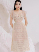 越南小众设计师品牌夏米色重工网纱蝴蝶刺绣方领仙女连衣裙长裙女