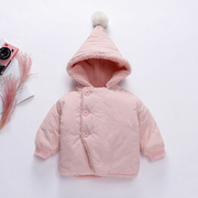 女宝宝棉衣外套加绒厚纯粉色，个月男童棉袄，连帽幼婴儿羽绒棉服