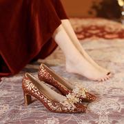 新中式红色秀禾宴会两穿粗跟高跟鞋女2024方头水钻婚鞋新娘鞋