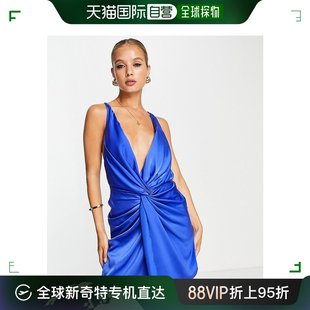 香港直邮潮奢 ASOS 女士设计吊带扭纹迷你后绑带深蓝色连衣裙