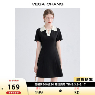 vegachang高级感连衣裙，女夏小个子polo领英伦，风显瘦通勤黑裙子
