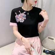 中式女装国风盘扣T恤女短袖夏天时尚绣花纯棉上衣修身半袖体恤衫