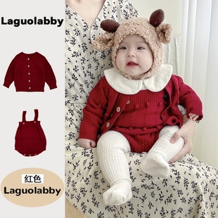 韩版婴儿外套手工毛球纯棉，毛衣针织开衫，背带裤套装女宝宝连体哈衣