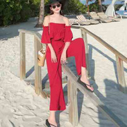 一字肩套装沙滩裙裤阔腿裤子u海边度假超仙红色波西米亚长裤两件