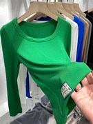 欧货打底小衫设计感小众绿色长袖T恤女2023秋季修身上衣体恤