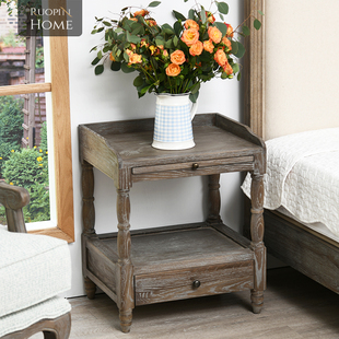 法式美式乡村风格白橡木边柜实木复古做旧床头柜边桌沙发边几