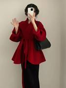 2023年韩系小个子赫本风红色短款羊毛呢子大衣外套女新年战袍