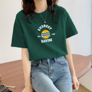 韩版墨绿色t恤女字母，短袖2023夏季圆领纯棉，宽松休闲超火上衣