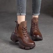 厚底马丁靴女2023年秋季复古真皮，系带粗跟短靴，松糕底休闲单靴