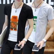 夏季青少年短袖t恤男开衫，假两件韩版长袖上衣非主流个性男装t恤潮