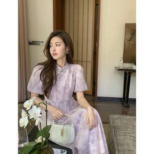 zhuyiyi2024夏季粉色灰色，新中式中国风，水墨画盘扣连衣裙仙气