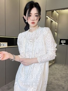 rrfashion长袖连衣裙女2024夏季法式蕾丝钩花镂空直筒长裙