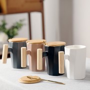 马克杯木把手带盖勺子水杯简约创意，个性杯子木盖木柄订做杯陶瓷杯