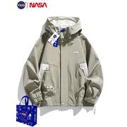 NASA夹克男加肥加大码宽松春秋季工装拼色青少年大多口袋潮牌外套