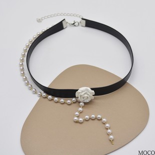 法式复古白色花朵珍珠黑色项圈优雅名媛甜美choker锁骨链气质颈链