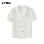 gcrues高级感小众双排扣西装领衬衫女装夏季白色短袖气质上衣