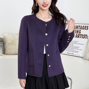 23秋冬韩版紫色双面羊绒大衣女短款小香风气质圆领小个子毛呢外套