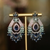 蓝钻水滴花纹耳环复古长款百搭水晶奢华气质法式重工优雅时尚镶钻