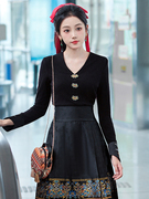 黑色v领衬衫配马面裙的上衣秋冬改良中国风，女装打底衫新中式衬衣
