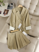 人手bi入套装~韩版条纹，拼接袖翻领西装外套，+高腰百褶半身裙套装女