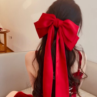 HEY TAO红色新年发饰品大蝴蝶飘带弹簧夹发夹女后脑勺发卡高级感
