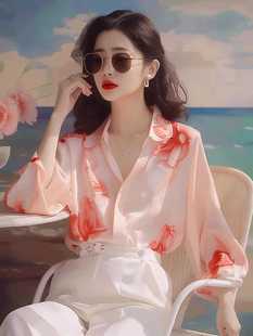 橘色印花防晒衬衫女2024夏季绝美法式超仙长袖小衫小众高级感衬衣