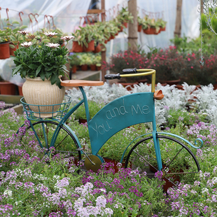 铁艺做旧蓝色自行车花架 庭院花园装饰品造景杂货摆件