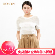 HONRN/红质白色薄款短袖圆领蕾丝镂空修身针织衫上衣女夏季