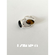 Nior.9S925纯银虎眼石 黑玛瑙镶嵌戒指 小众设计感纯银戒指女