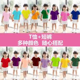 儿童男童女孩纯棉短袖t恤纯色，夏半袖(夏半袖)糖果，色彩色学校团体班服运动