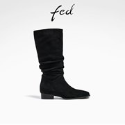 fed绒面堆堆靴冬季靴子尖头中筒靴粗跟时装靴女款R1113-ZF915