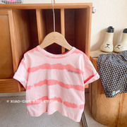 浪漫粉色条纹~儿童，夏款纯棉圆领短袖t恤男童帅气宝宝半袖衬衣潮