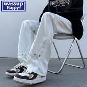 WASSUP HAPPY白色牛仔裤男夏季薄款美式高街直筒裤子阔腿休闲长裤